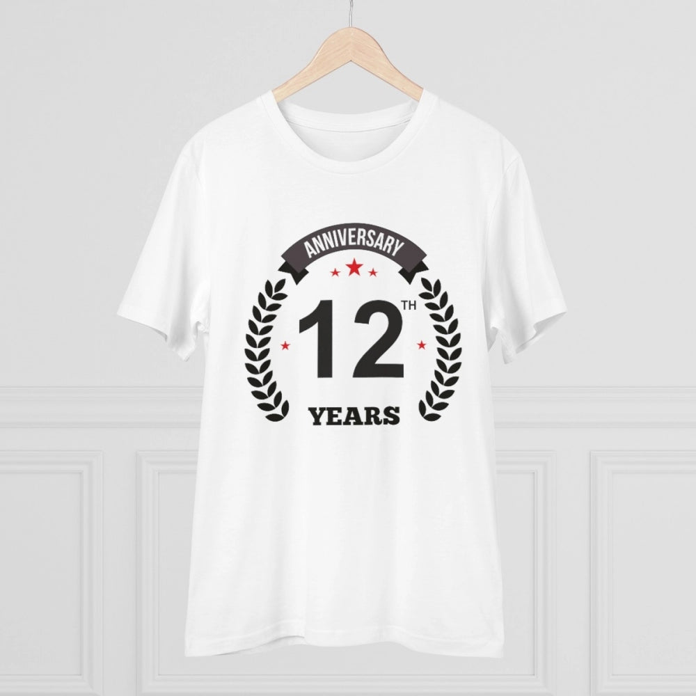 White PC Cotton 12th Anniversary Printed Men's T-Shirt with half sleeves, round neck on casual occasion