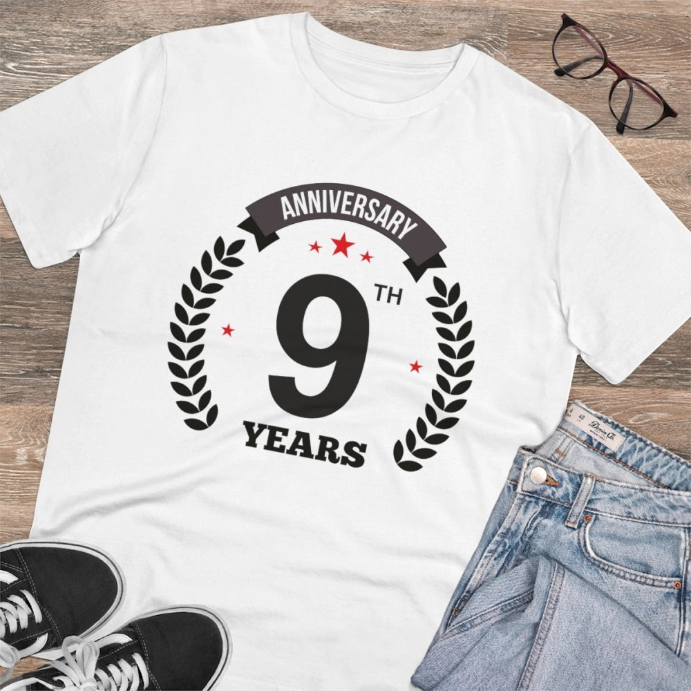 White PC Cotton Men's 9th Anniversary Printed Half Sleeve T-Shirt (180GSM), casual occasion wear