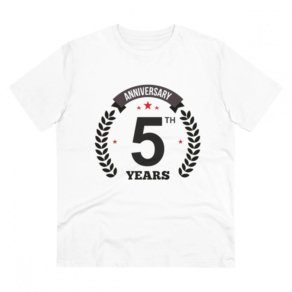 White PC Cotton Men's 5th Anniversary Printed Half Sleeve T-Shirt (180GSM) - casual occasion wear
