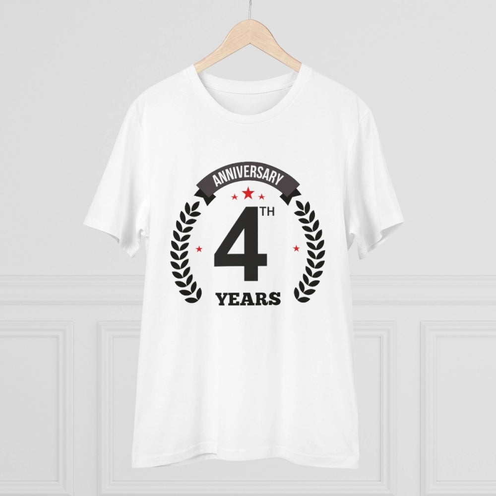 White PC Cotton 4th Anniversary Printed Men's T-Shirt, half sleeve with round neck, high quality thread count 180GSM