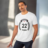 White PC Cotton 22nd Anniversary Printed T-Shirt, half sleeve, round neck on display stand
