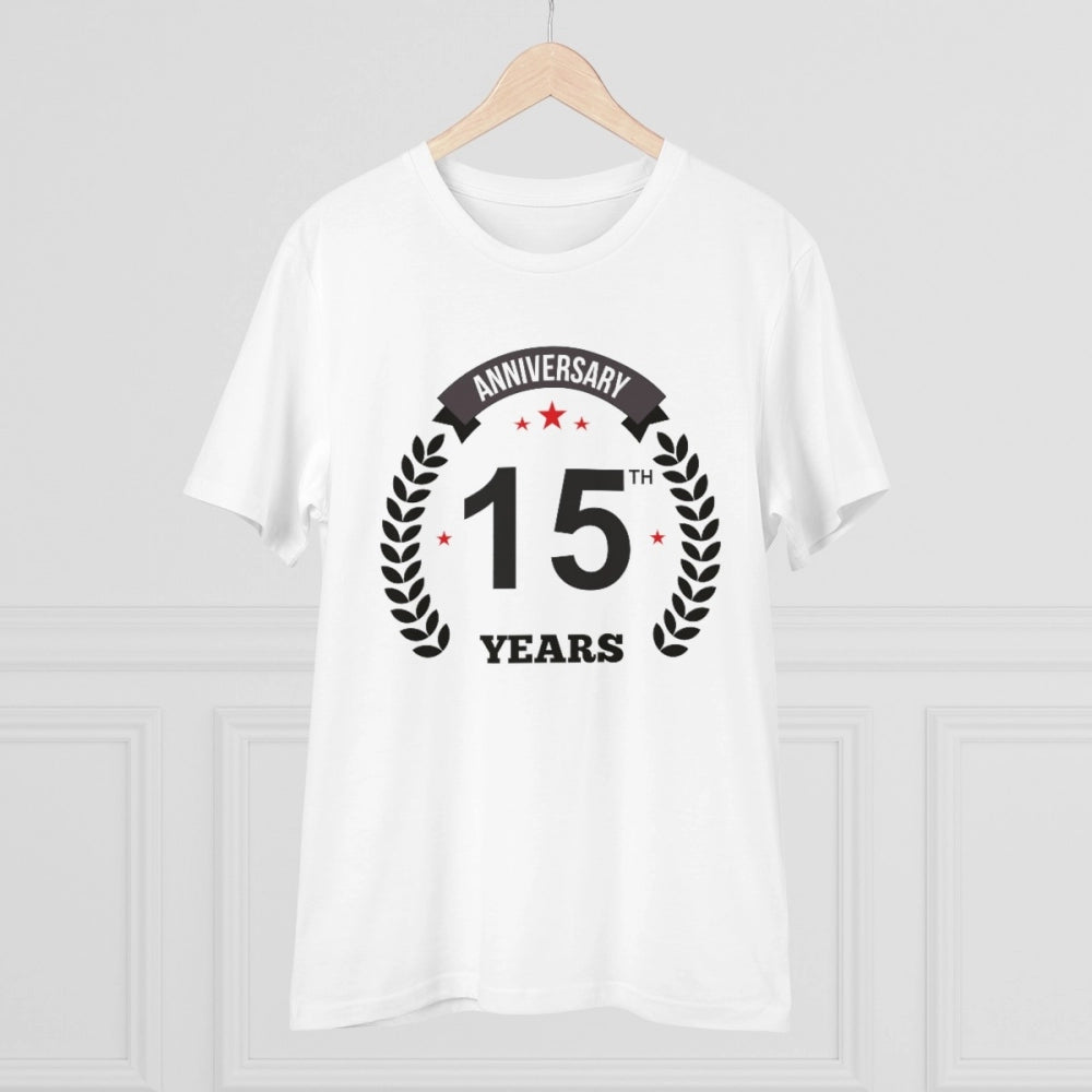White PC Cotton Men's 15th Anniversary Printed Half Sleeve T-Shirt (180GSM), casual occasion wear on model