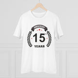 White PC Cotton Men's 15th Anniversary Printed Half Sleeve T-Shirt (180GSM), casual occasion wear on model