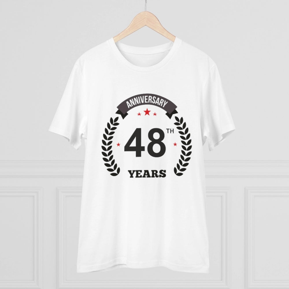 White PC Cotton 48th Anniversary Printed T-Shirt on man, high-quality thread count 180GSM