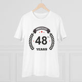 White PC Cotton 48th Anniversary Printed T-Shirt on man, high-quality thread count 180GSM