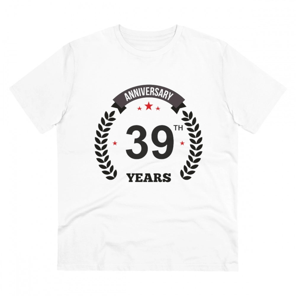 White PC Cotton Men's 39th Anniversary Printed Half Sleeve T-Shirt (180GSM) - casual wear on mannequin