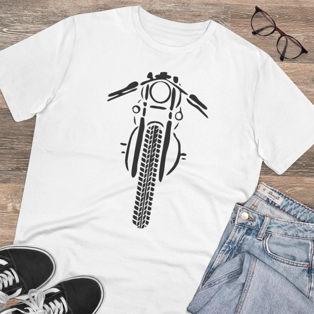 White PC cotton men's bike ride design half-sleeve t-shirt (180GSM), casual wear on display