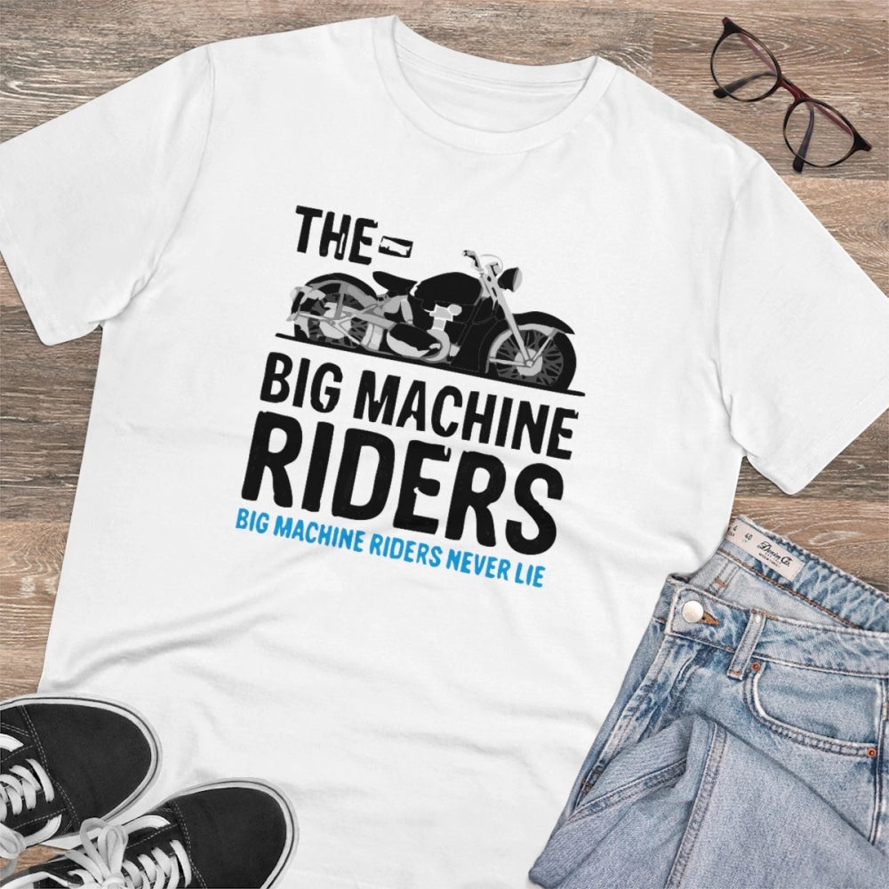 White PC Cotton men's bike ride design half sleeve t-shirt with round neck, casual wear