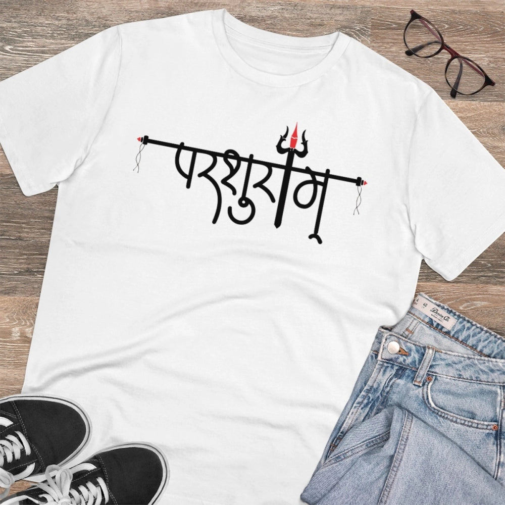 White PC Cotton Parsuram Printed Men's T-Shirt (180GSM), half sleeve round neck for casual occasions