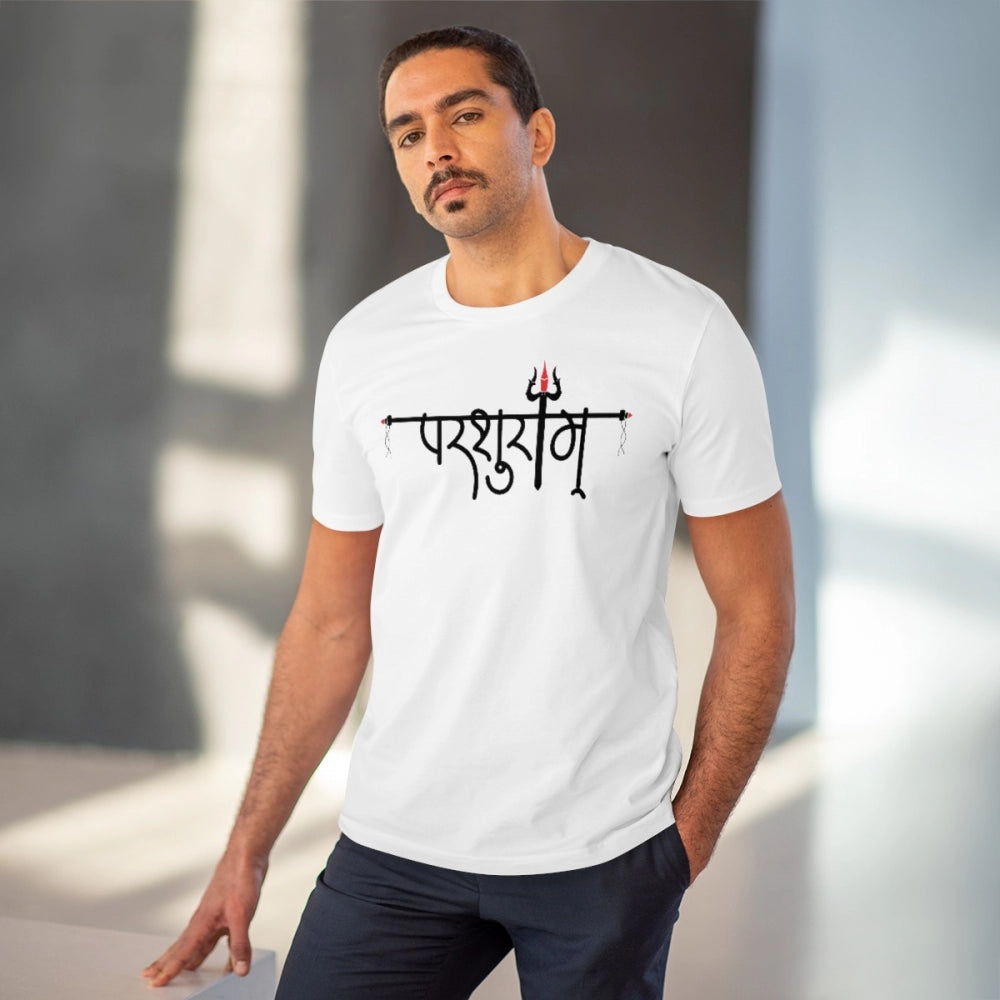 White PC Cotton Parsuram printed men's t-shirt (180GSM), half sleeve, round neck