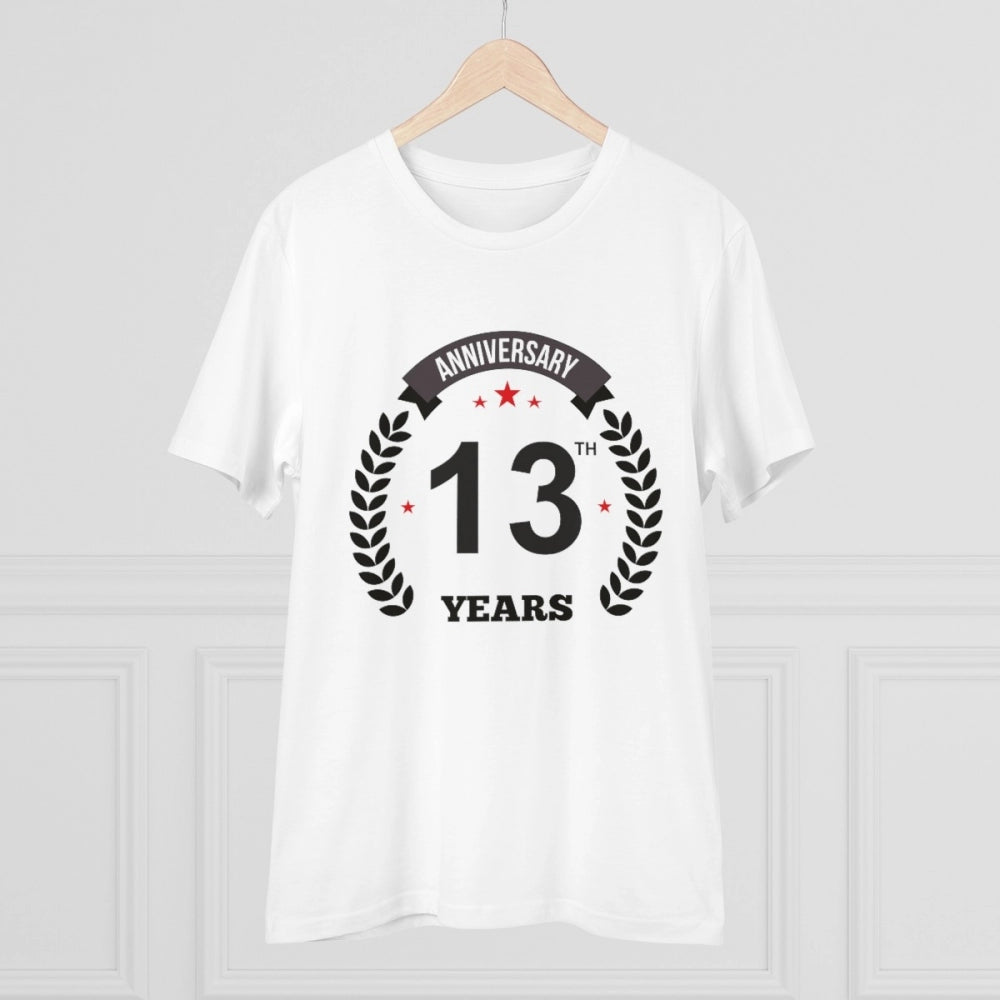 White PC Cotton 13th Anniversary Printed T-Shirt (Half Sleeve, Round Neck), 180GSM for men's casual wear