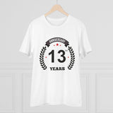 White PC Cotton 13th Anniversary Printed T-Shirt (Half Sleeve, Round Neck), 180GSM for men's casual wear