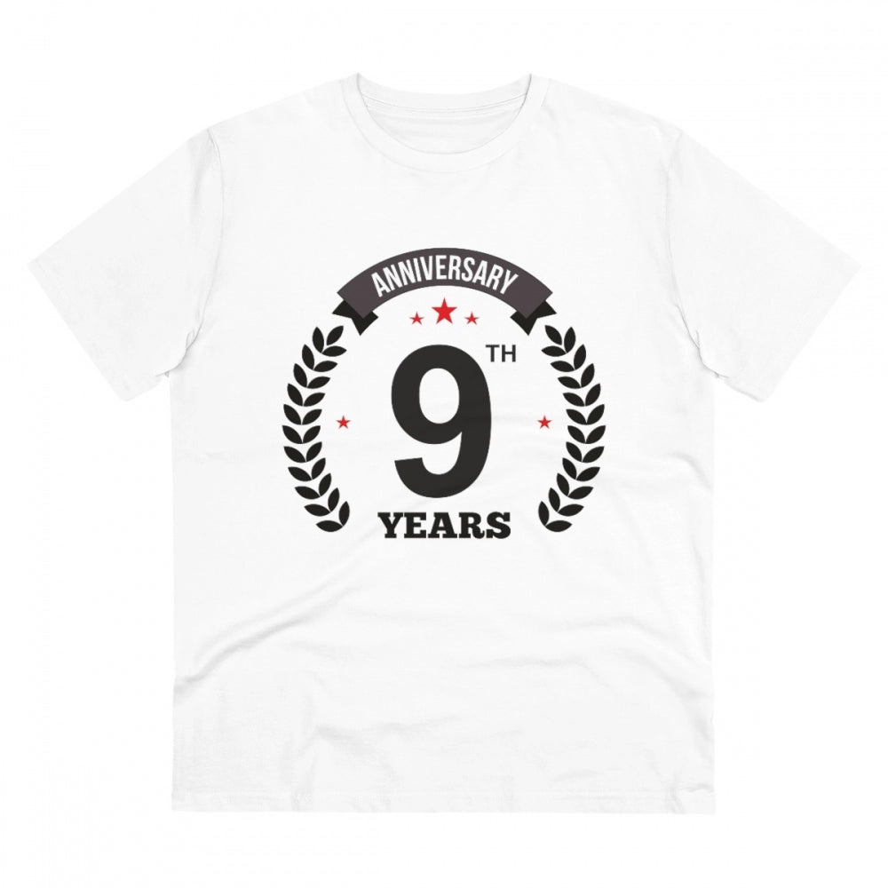 White PC Cotton 9th Anniversary Printed T-Shirt (Thread Count: 180GSM), men's casual wear with half sleeves and round neck, celebratory design on front