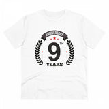 White PC Cotton 9th Anniversary Printed T-Shirt (Thread Count: 180GSM), men's casual wear with half sleeves and round neck, celebratory design on front