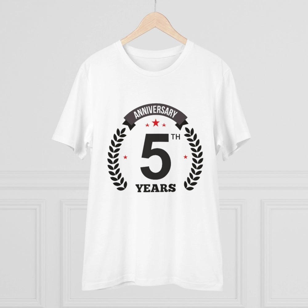 White PC Cotton Men's 5th Anniversary Printed Half Sleeve T-Shirt, casual occasion