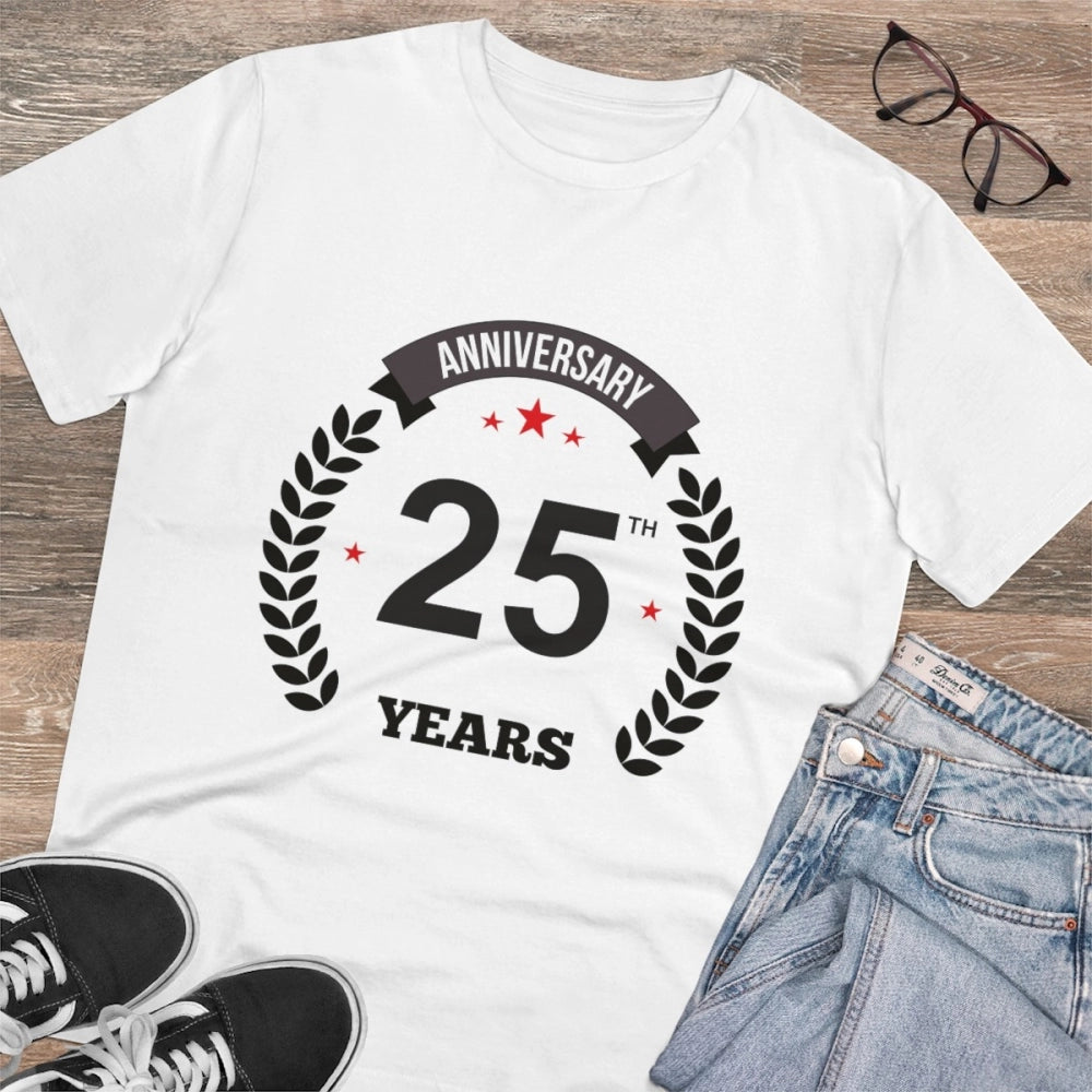 White PC Cotton 25th Anniversary Printed Men's T-Shirt with half sleeves and round neck, thread count 180GSM (may vary slightly)