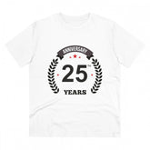 White PC Cotton 25th Anniversary printed men's t-shirt with half sleeves and round neck, celebratory casual wear for special occasions