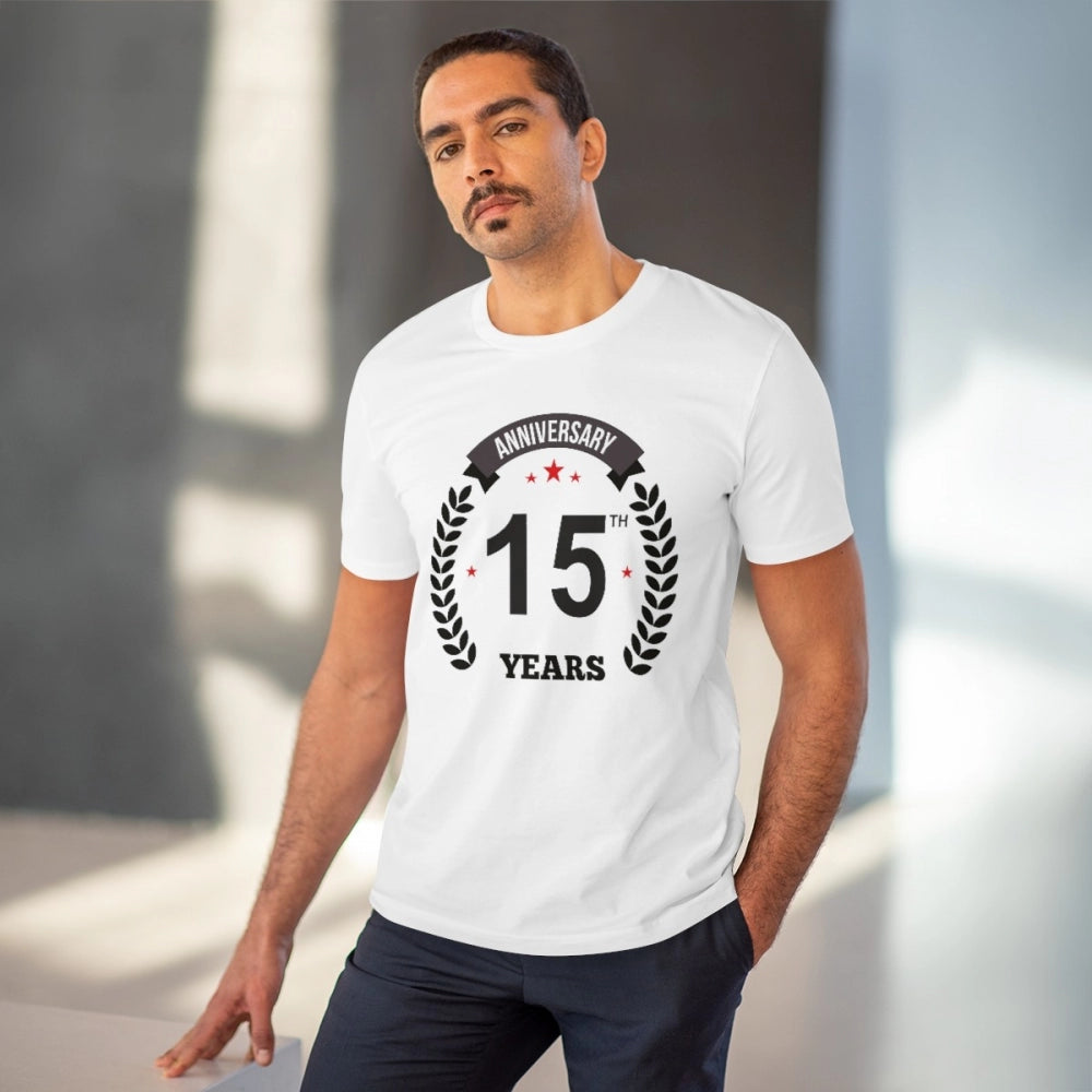 White PC Cotton Men's 15th Anniversary Printed Half Sleeve T-Shirt (180GSM) for casual occasions