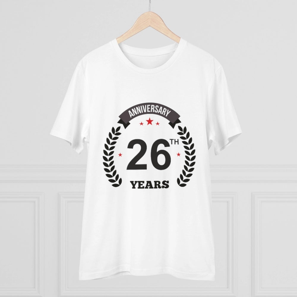 White PC Cotton Men's 26th Anniversary Printed Half Sleeve T-Shirt (180GSM), casual occasion wear on model
