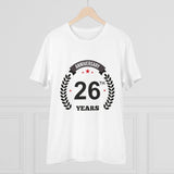 White PC Cotton Men's 26th Anniversary Printed Half Sleeve T-Shirt (180GSM), casual occasion wear on model
