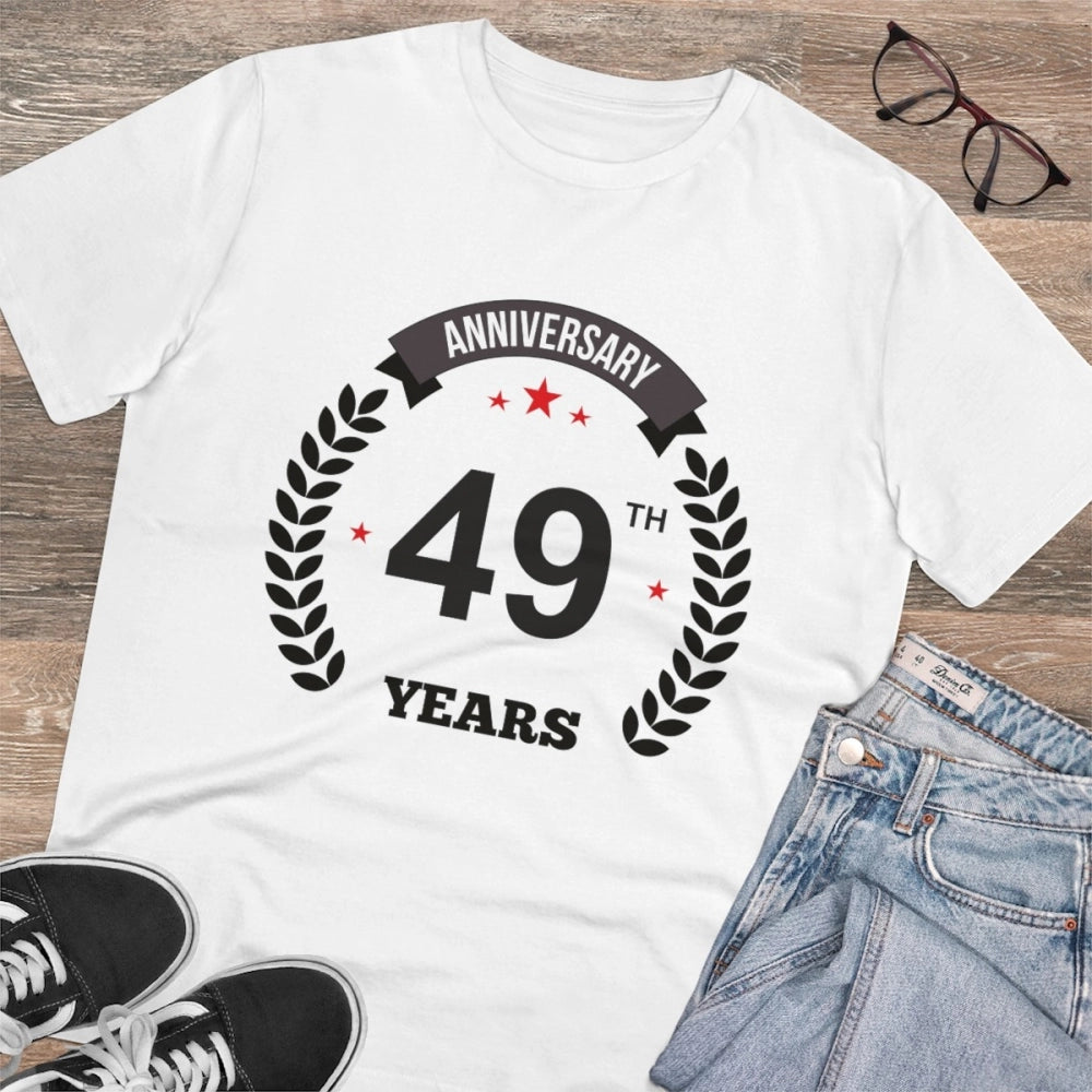 White PC Cotton 49th Anniversary Printed T-Shirt on hanger, half sleeve round neck design for men's casual wear