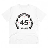 White PC Cotton 45th Anniversary Printed T-Shirt on model, half sleeve round neck, 180GSM thread count