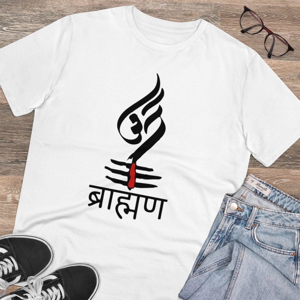 White PC Cotton Brahman printed men's T-shirt with half sleeves and round neck, casual occasion wear