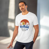 White PC cotton men's summer print t-shirt with half sleeves and round neck, featuring vibrant seasonal designs