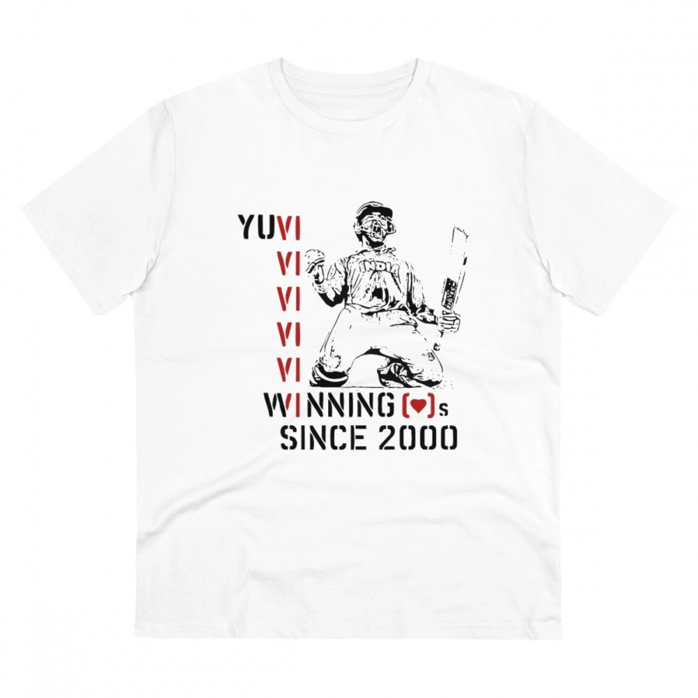 White PC Cotton cricket design men's T-shirt with half sleeves, round neck, 180GSM thread count for casual occasions