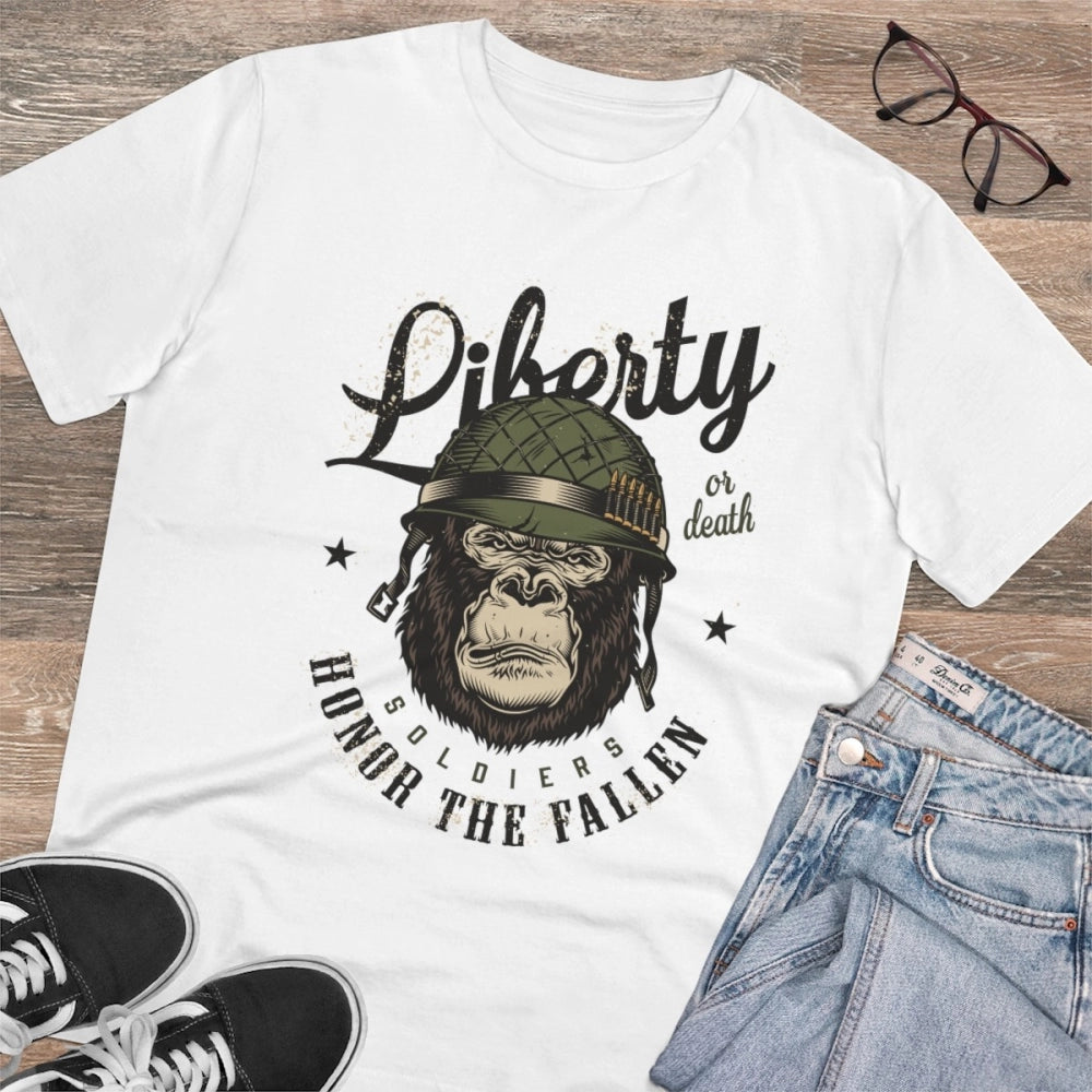 White PC cotton Gorilla design printed men's t-shirt (180GSM), casual wear with half sleeves and round neck