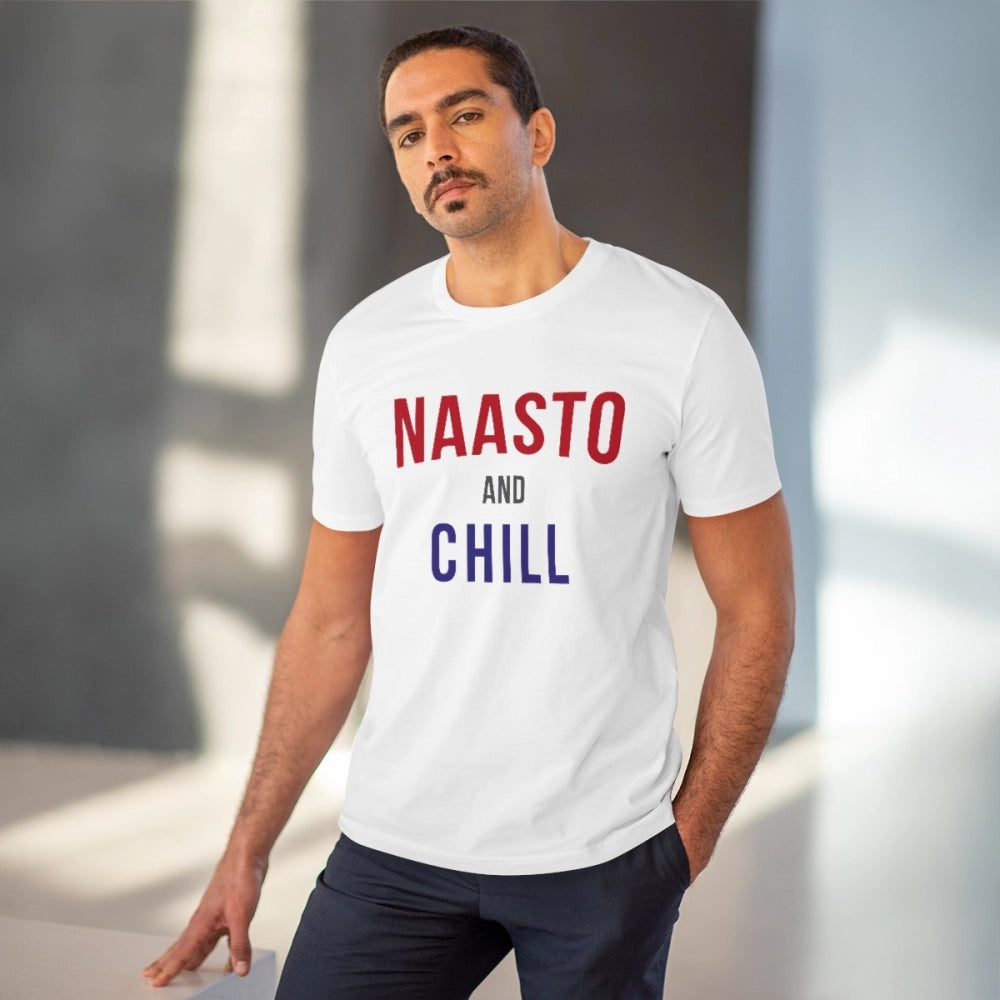 White PC Cotton Nasto And Chill printed men's t-shirt with half sleeves and round neck, casual occasion