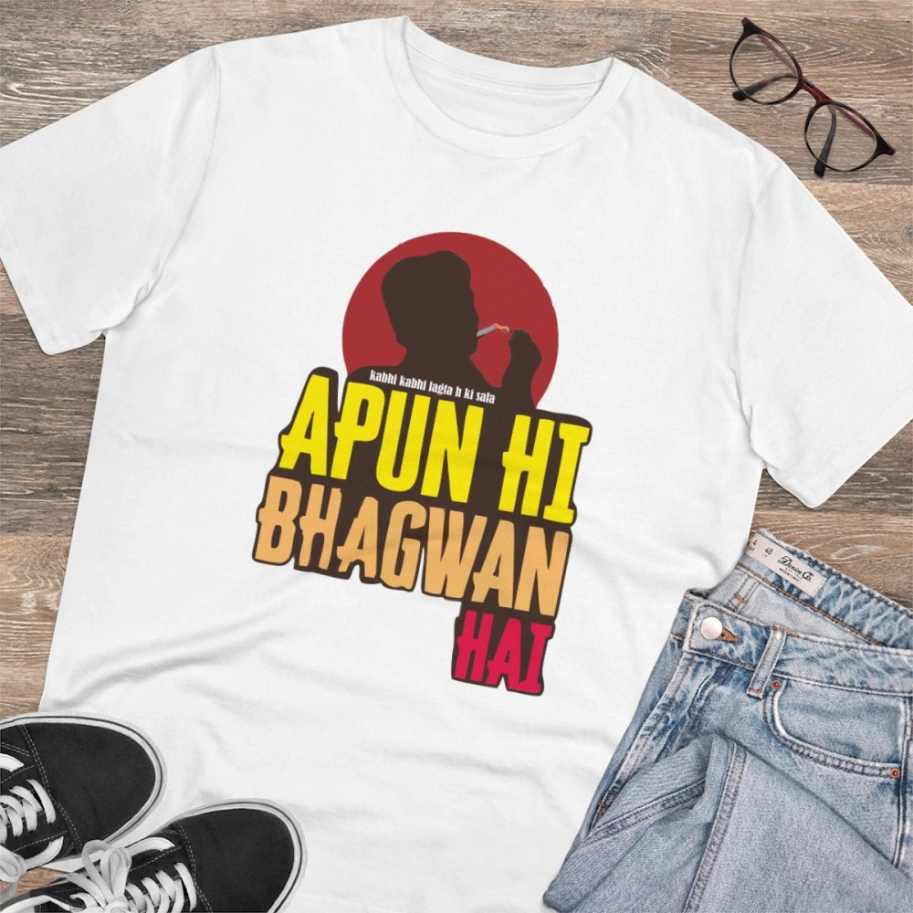 White PC Cotton Men's Apun Hi Bhagvan Hai Printed Half-Sleeve T-Shirt (180GSM) - Casual occasion wear