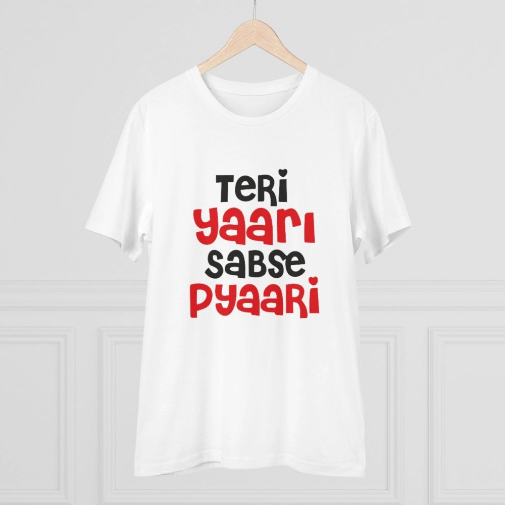 White PC Cotton Teri Yaari Sabse Pyaari Printed Men's T-Shirt (180GSM), half sleeve, round neck for casual occasions
