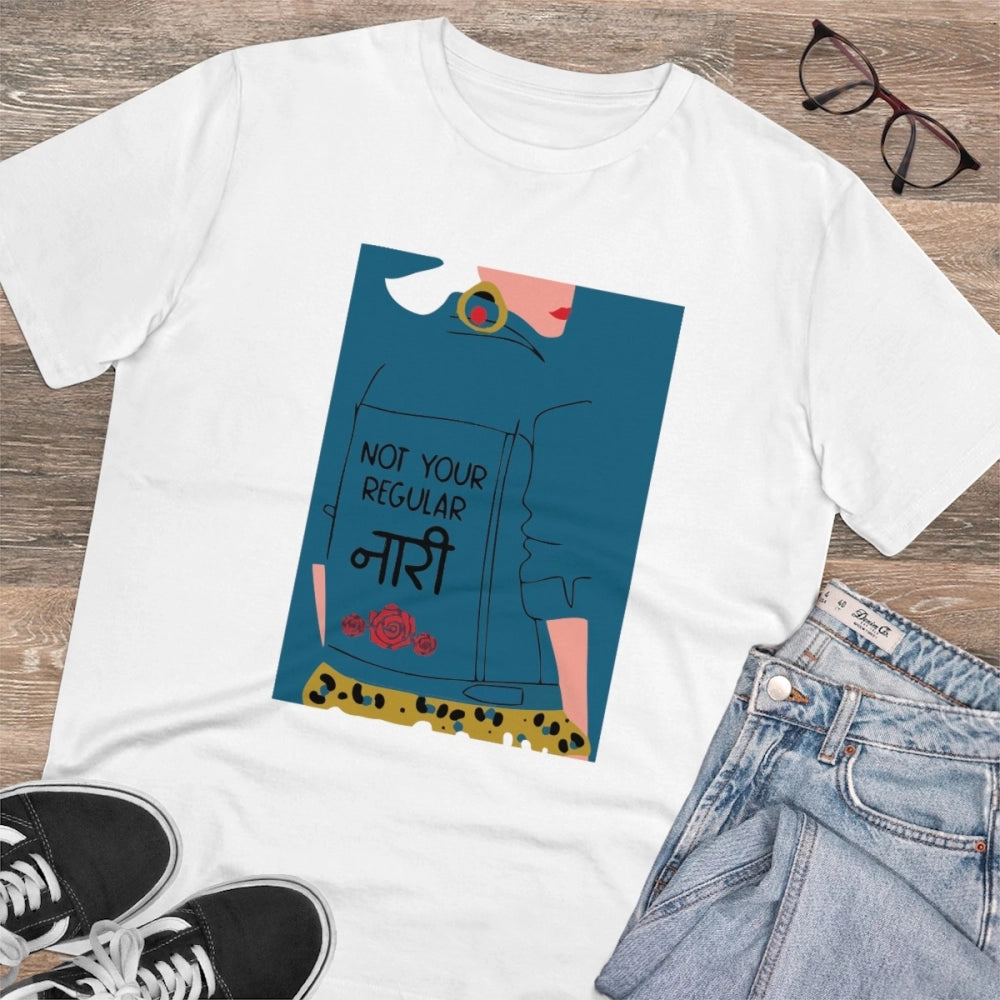 White PC Cotton Men's Not Your Regular Naari Printed Half Sleeve T-Shirt (180GSM), casual occasion wear on display