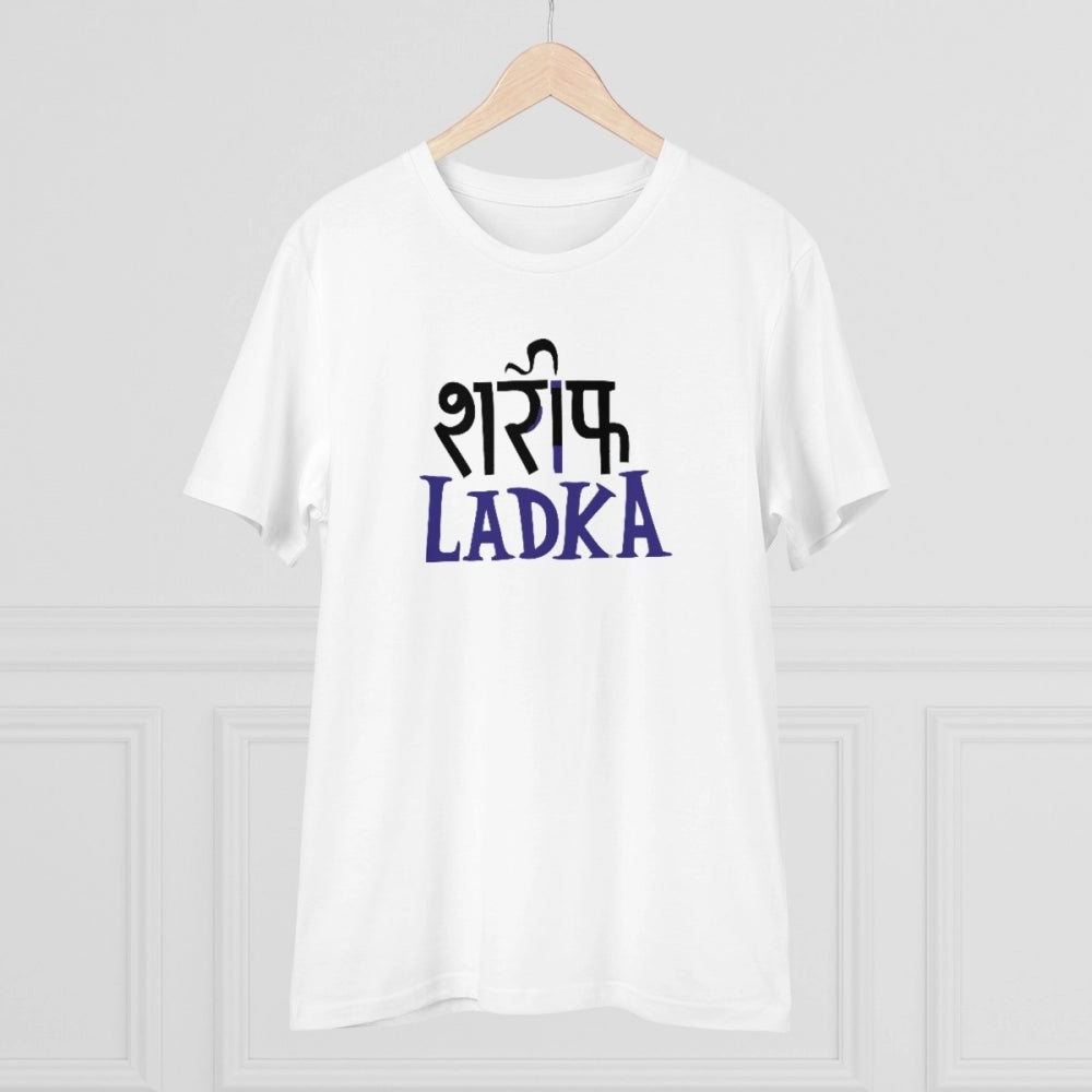 White PC Cotton Sarif Ladka Printed Men's T-Shirt (180GSM), casual wear on model