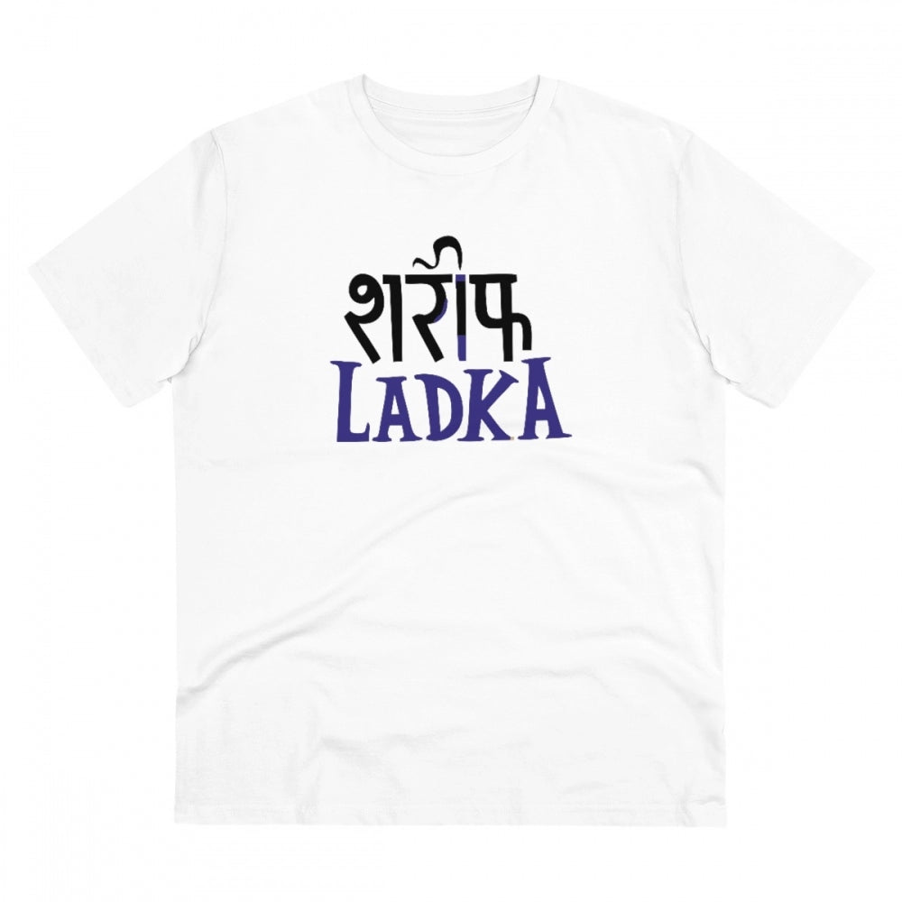 White PC Cotton Sarif Ladka Printed Men's T-Shirt, half sleeve round neck, 180GSM thread count for casual wear