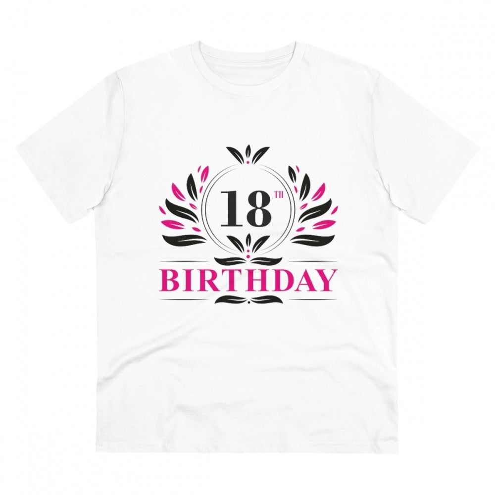 White PC Cotton 18th Birthday Printed T-Shirt (Half Sleeve, Round Neck), Men's casual wear on mannequin