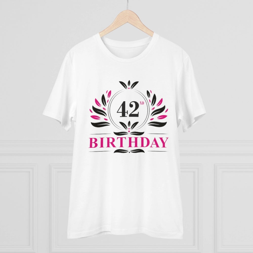White PC cotton men's 42nd birthday printed half sleeve t-shirt (180GSM), casual occasion wear