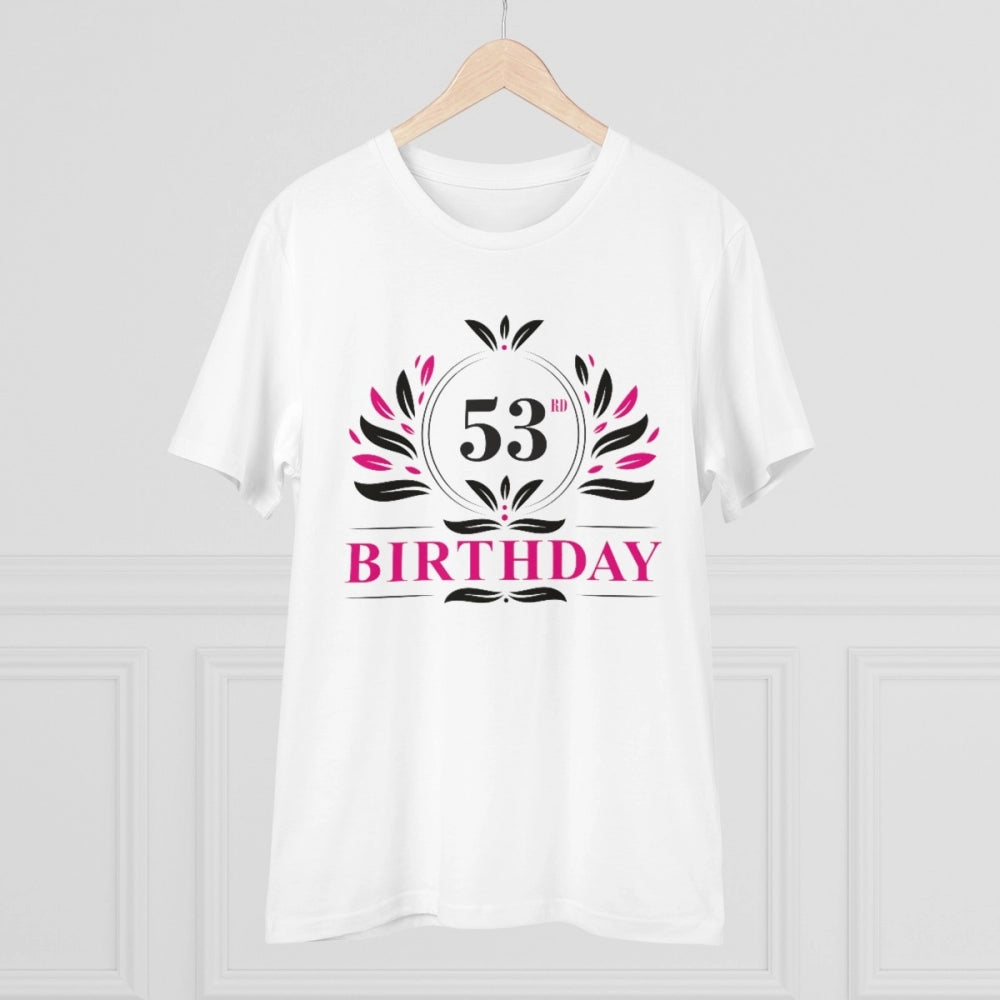 White PC Cotton Men's 53rd Birthday Printed Half Sleeve T-Shirt (180GSM), round neck, casual occasion