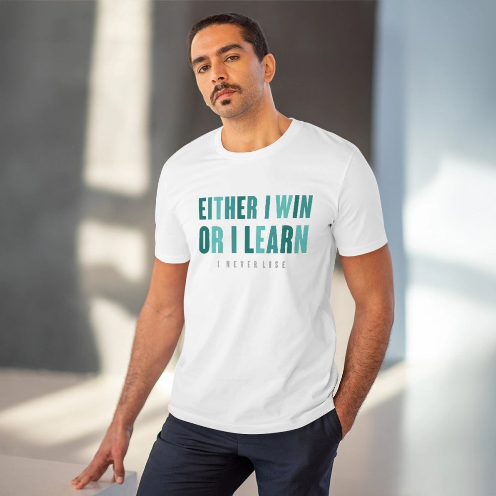 White PC cotton men's t-shirt with "Either I Win Or I Learn" motivational print, 180GSM thread count for casual occasions