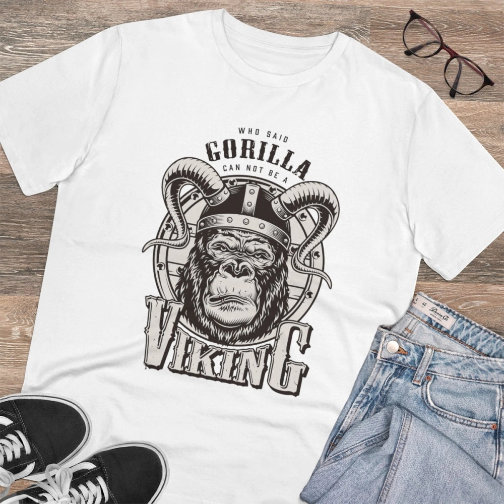 White PC Cotton Gorilla Design men's half-sleeve t-shirt with round neck, casual wear