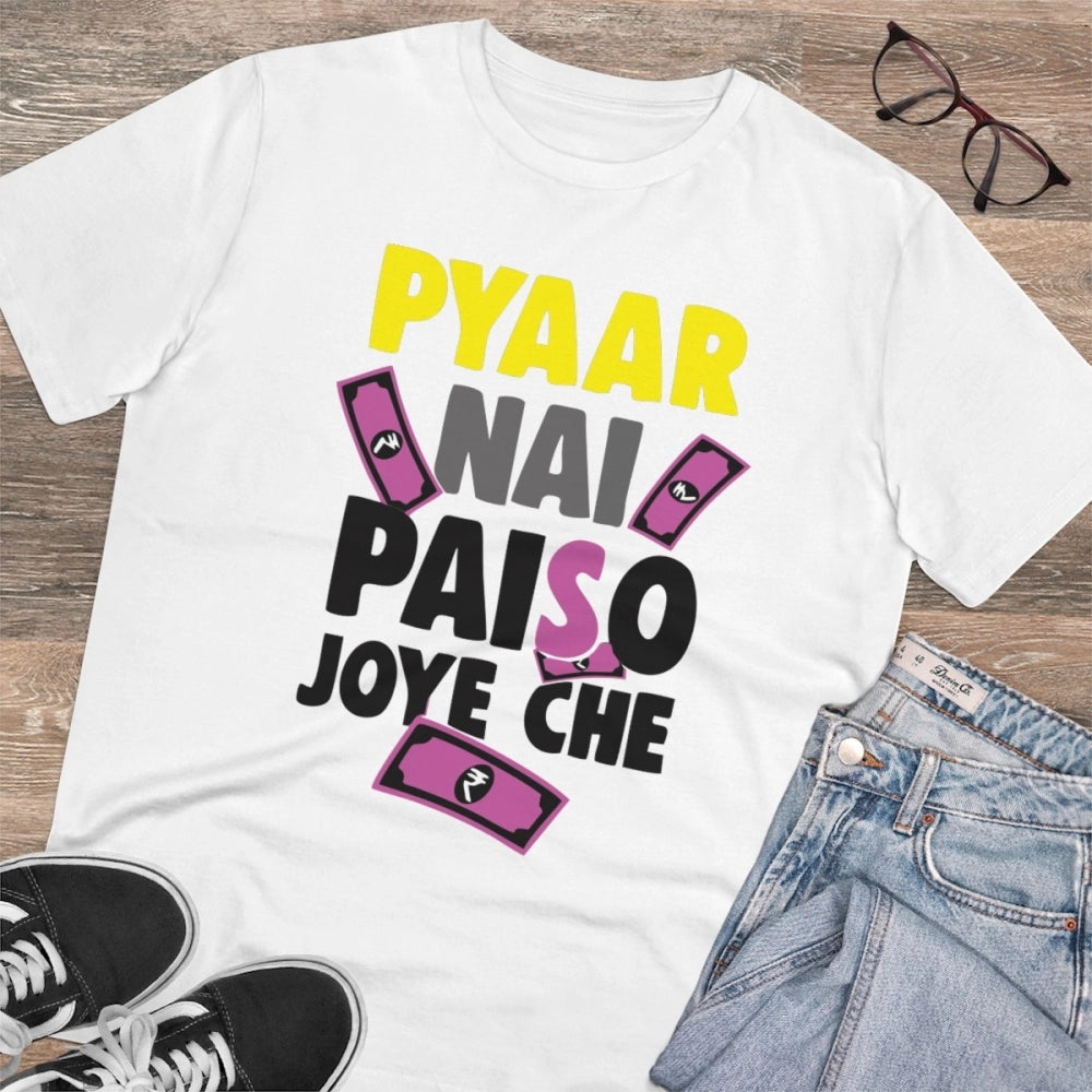 White PC Cotton Men's Pyaar Nay Paisa Joy Che Printed Half Sleeve T-Shirt (180GSM)