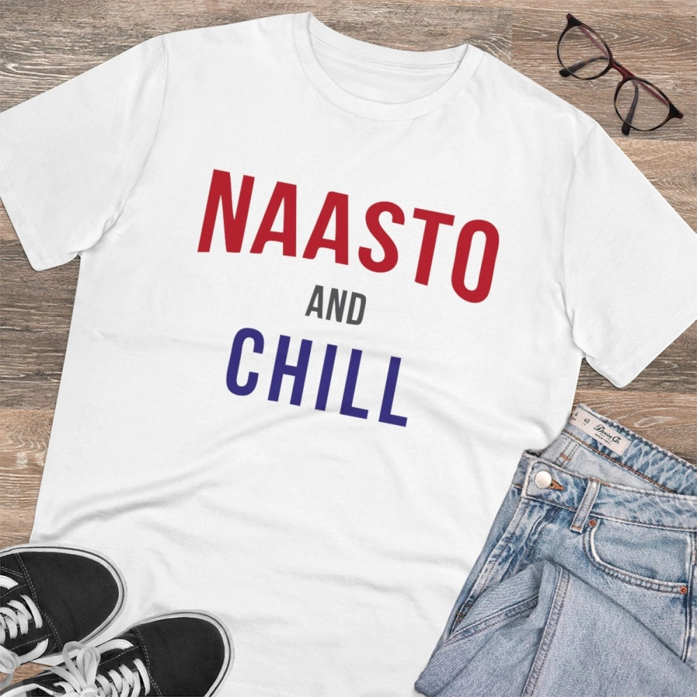 White PC Cotton Nasto And Chill men's casual t-shirt with half sleeves and round neck, 180GSM thread count