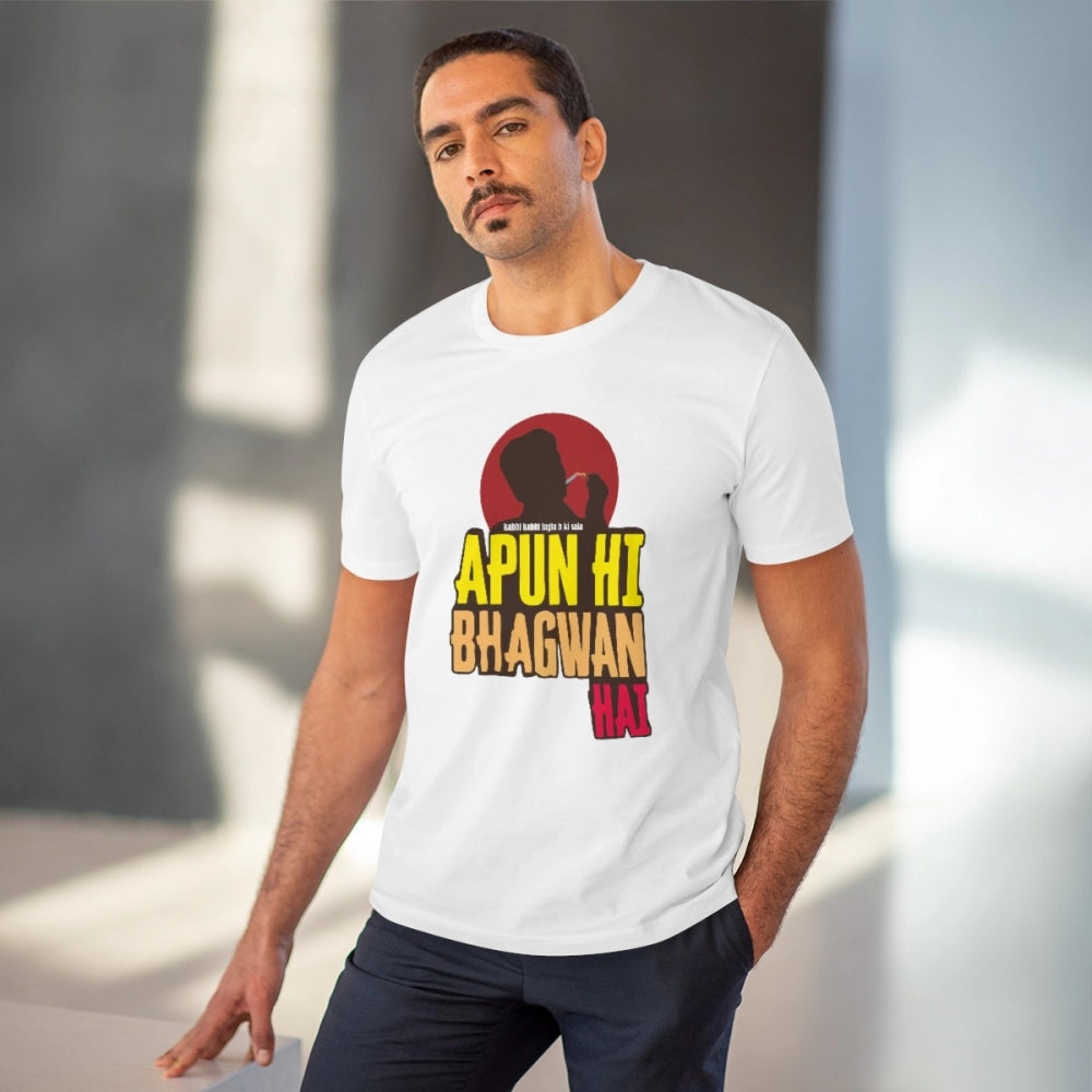White PC Cotton Men's Apun Hi Bhagvan Hai Printed Half Sleeve T-Shirt (180GSM), casual occasion