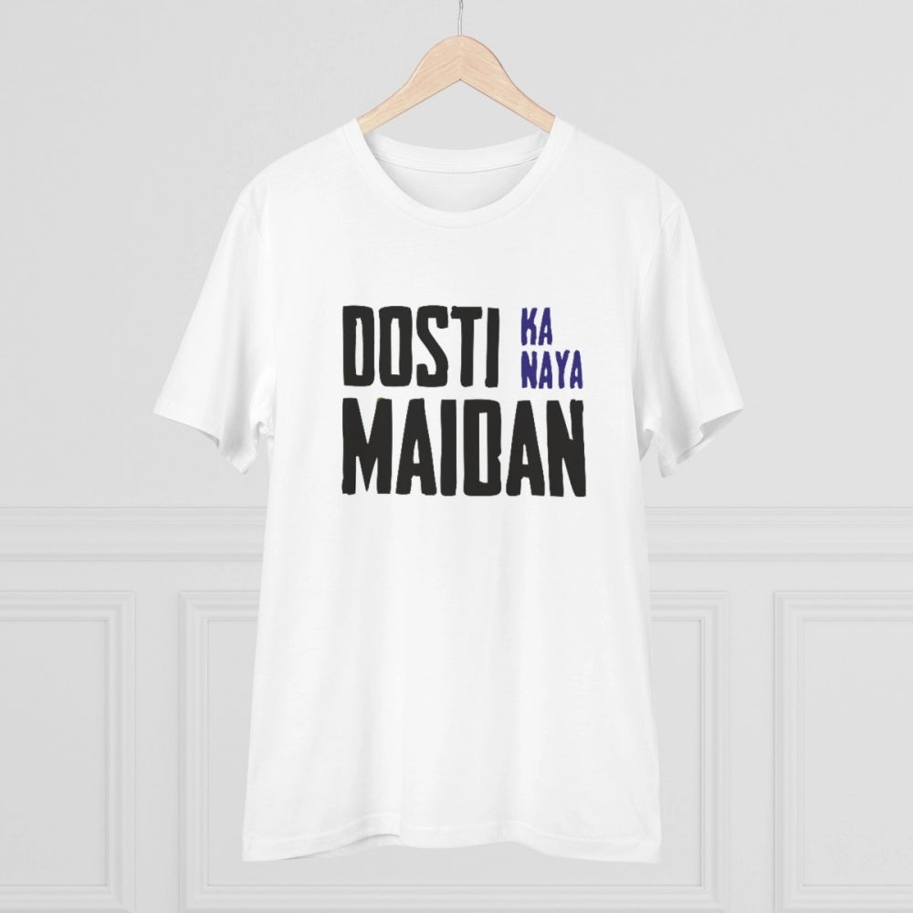 White PC Cotton Dosti Ka Naya Maidan printed men's t-shirt (180GSM), half sleeve, round neck design for casual wear