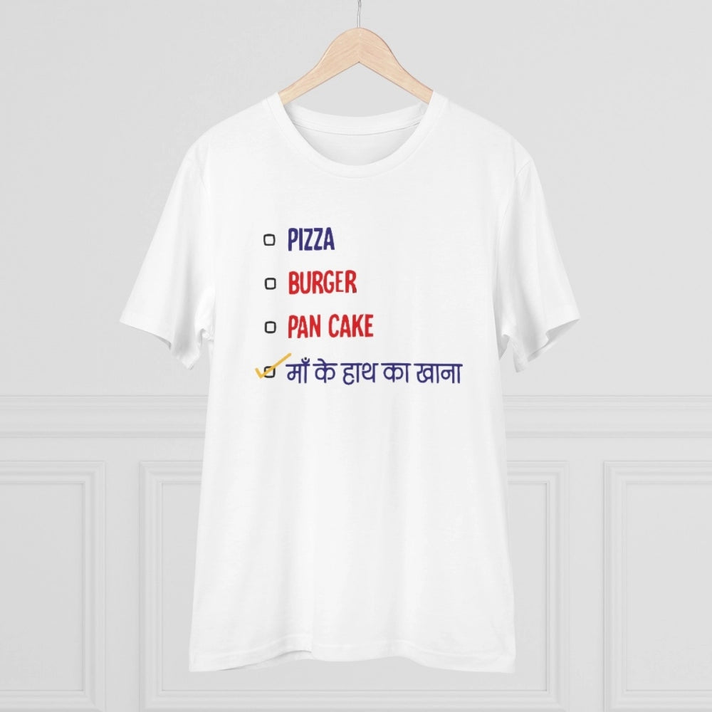 Men's PC Cotton Pizza Burger Pan Cake Maa Ke Hath Ka Khana printed half-sleeve t-shirt (180GSM), white color with round neck, casual occasion