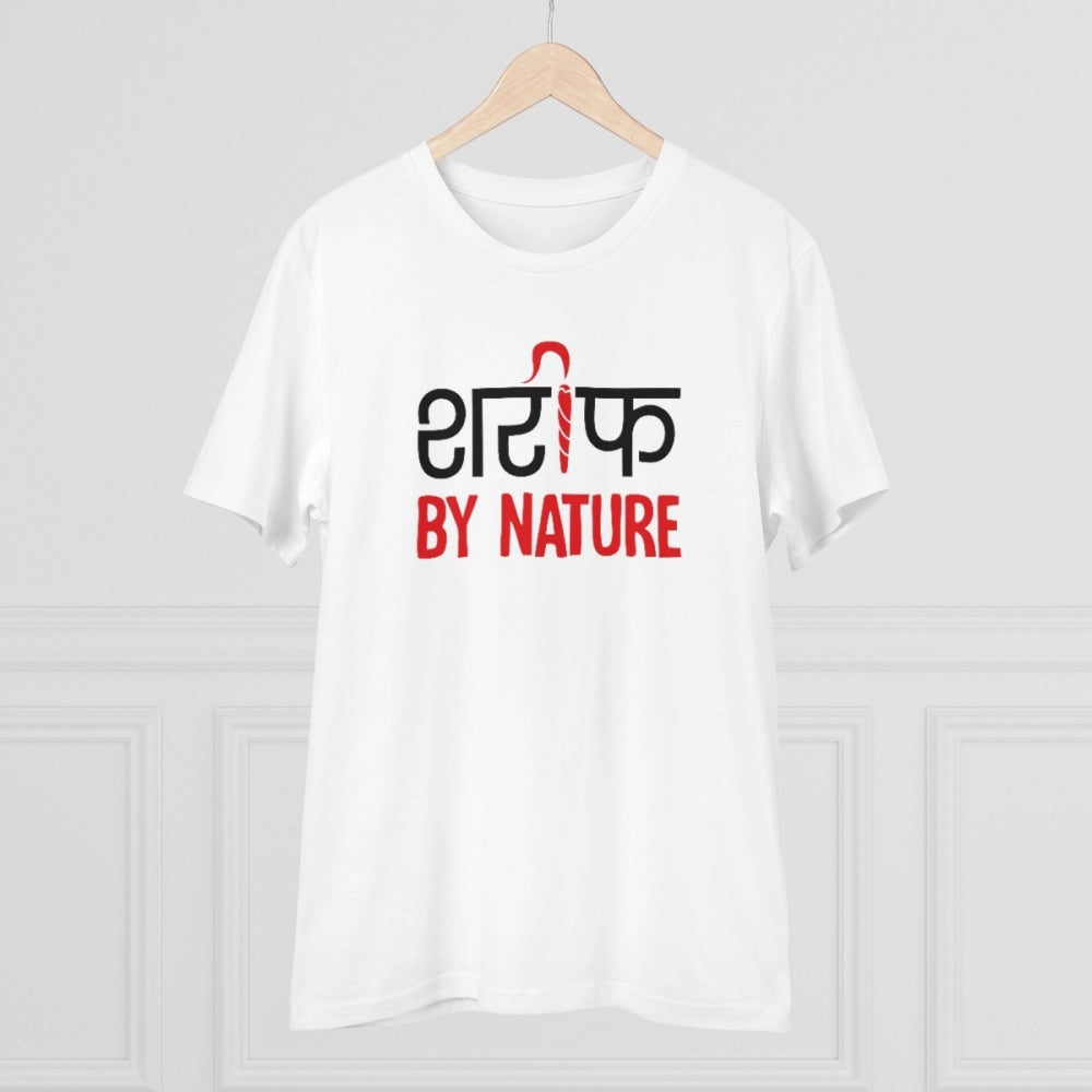 White PC Cotton Sarif By Nature Printed Men's T-Shirt (180GSM), casual wear with half sleeves