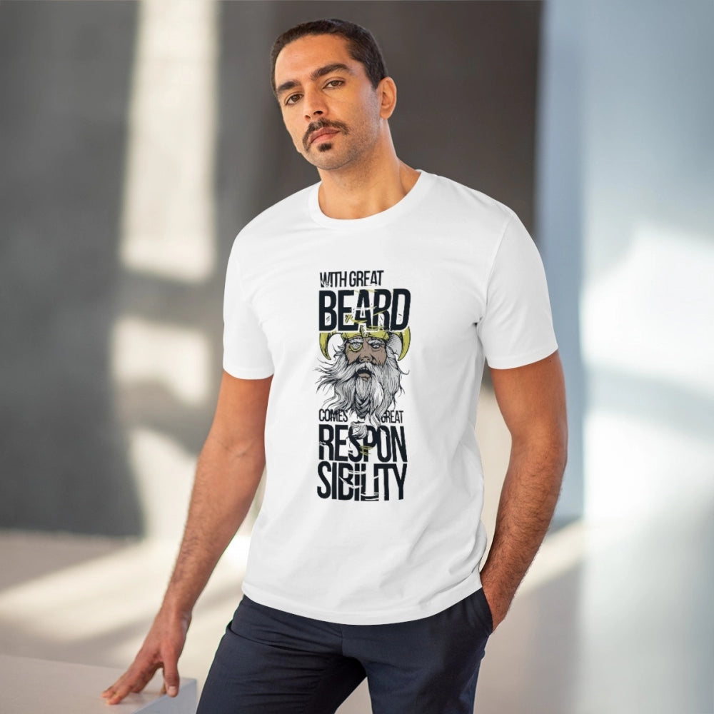 White PC Cotton Men's T-Shirt with 'Great Beard Comes' print, half sleeve & round neck, 180GSM