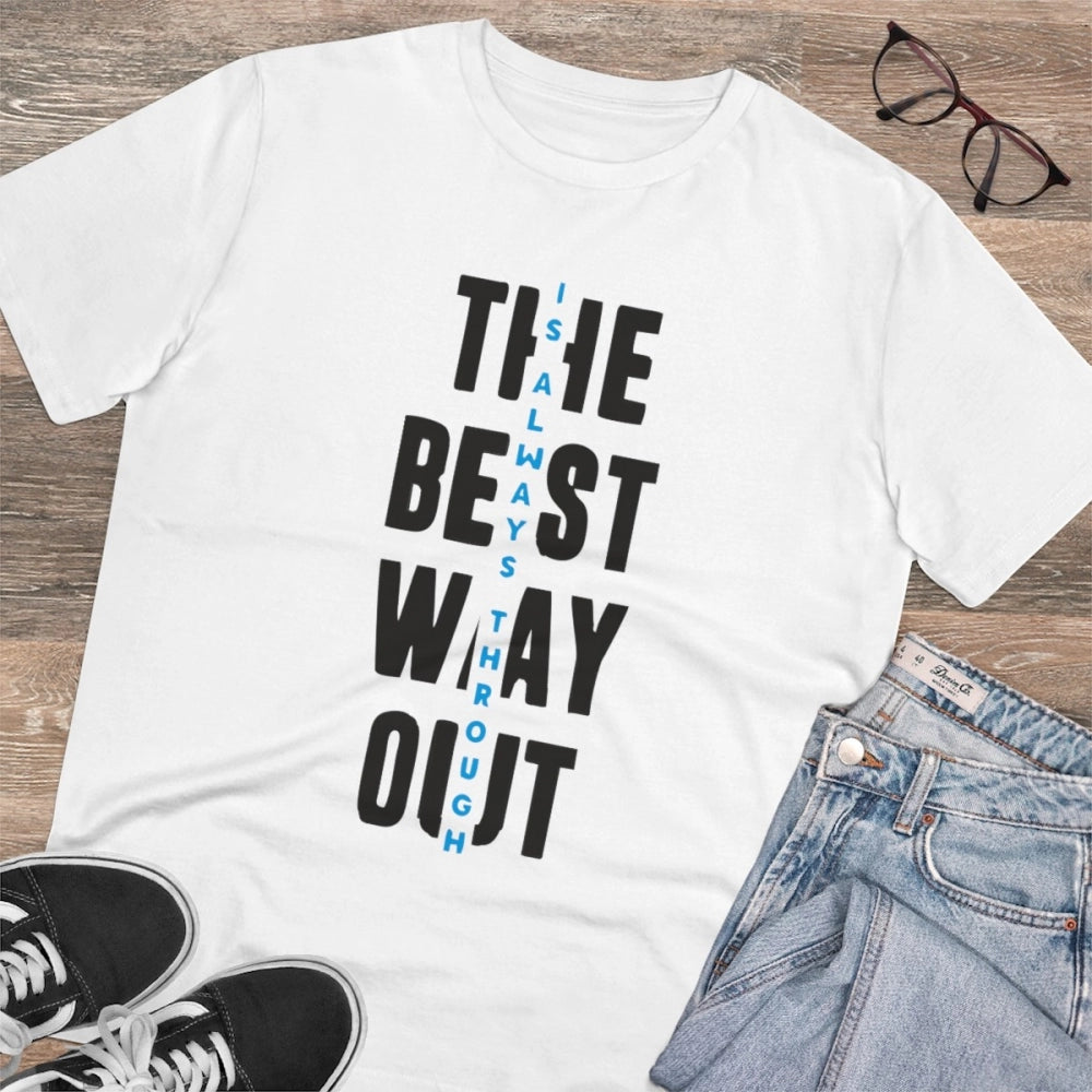 White PC Cotton "The Best Way Out" printed men's half-sleeve round neck T-shirt (180GSM) on hanger