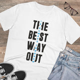 White PC Cotton "The Best Way Out" printed men's half-sleeve round neck T-shirt (180GSM) on hanger